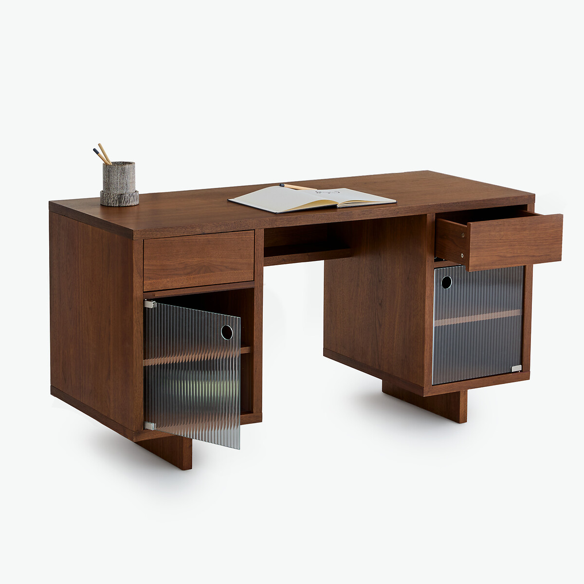 Bureau, plaqué noyer, portes verre strié, DELLO coloris noyer, LA REDOUTE INTERIEURS