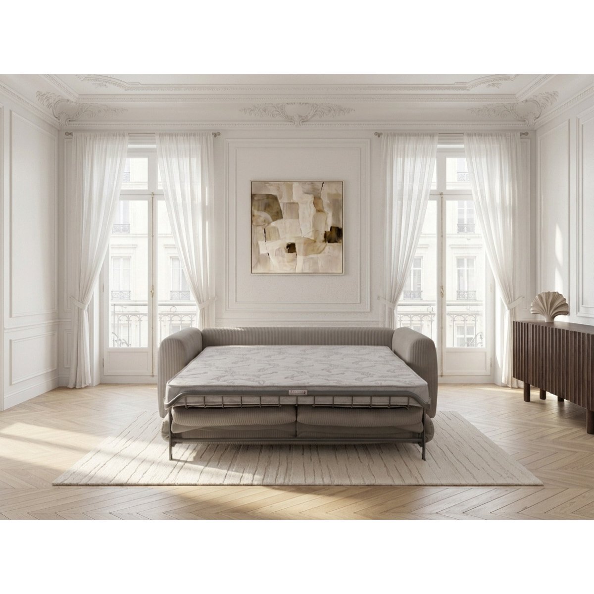 Canapé lit 3 places en velours côtelé couchage 140x190 cm, ARCHI gris, BOBOCHIC