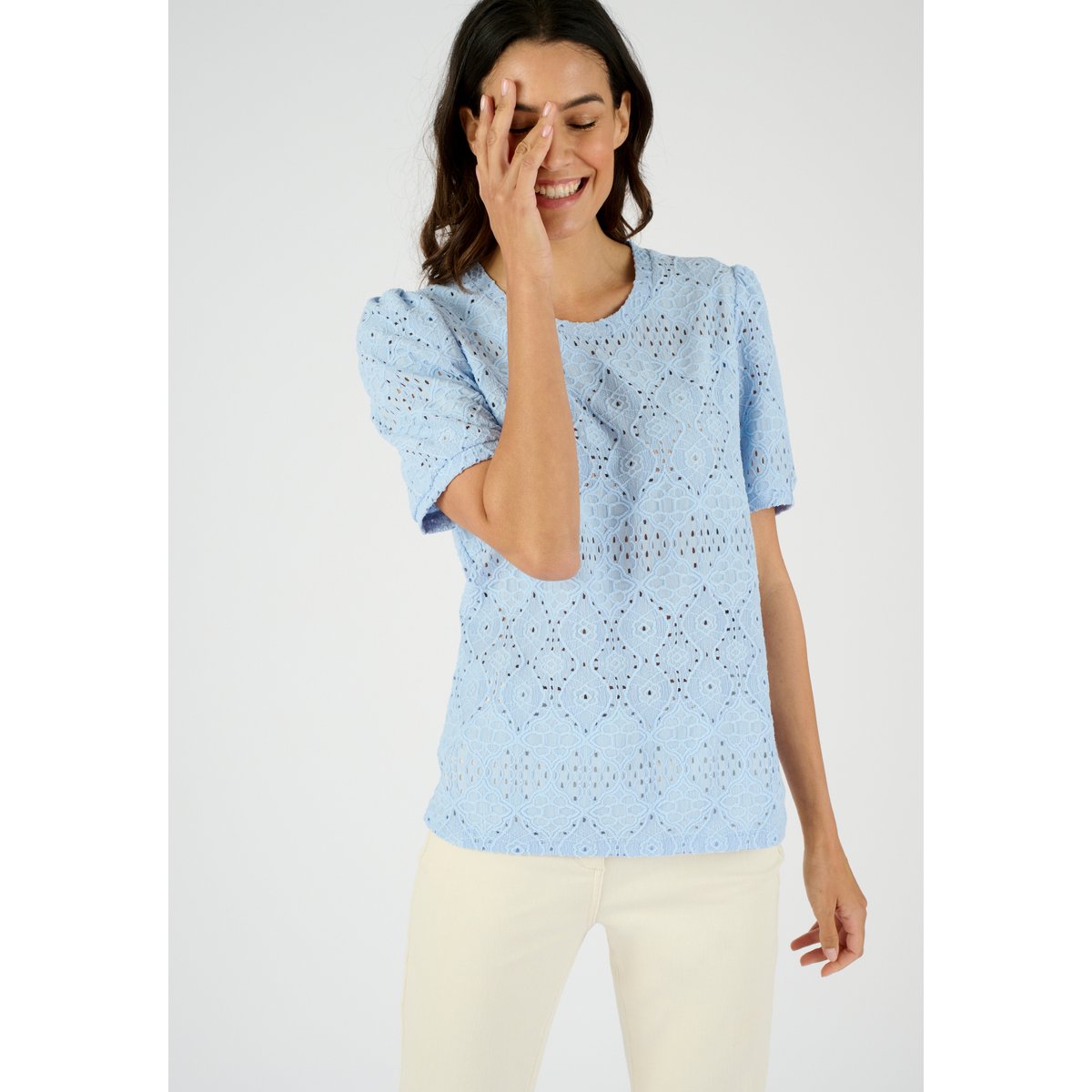 T-shirt en maille ajourée effet dentelle bleu grisé, DAMART