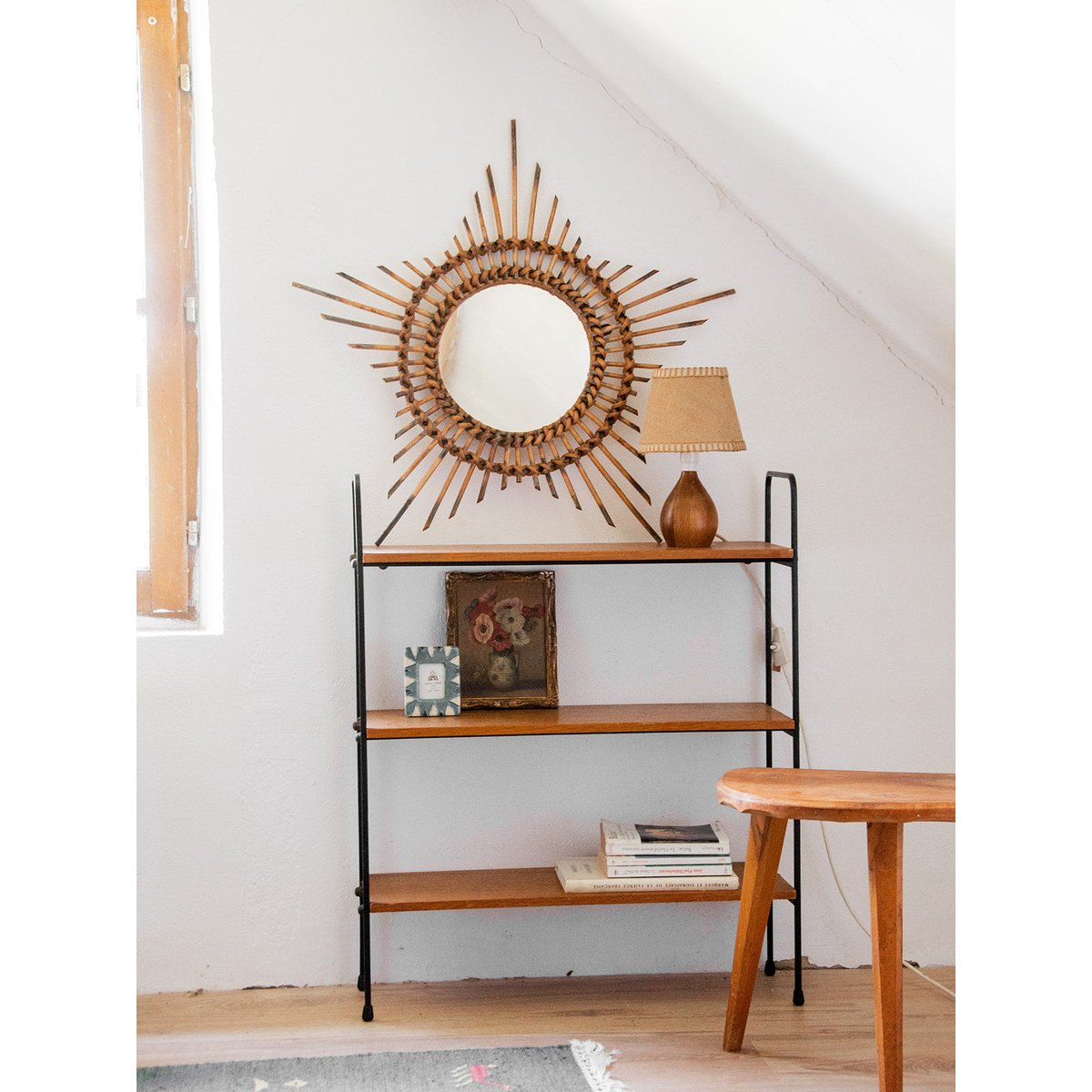 Miroir soleil en rotin Igor N°720 - Bon état bois, DEBONGOUT