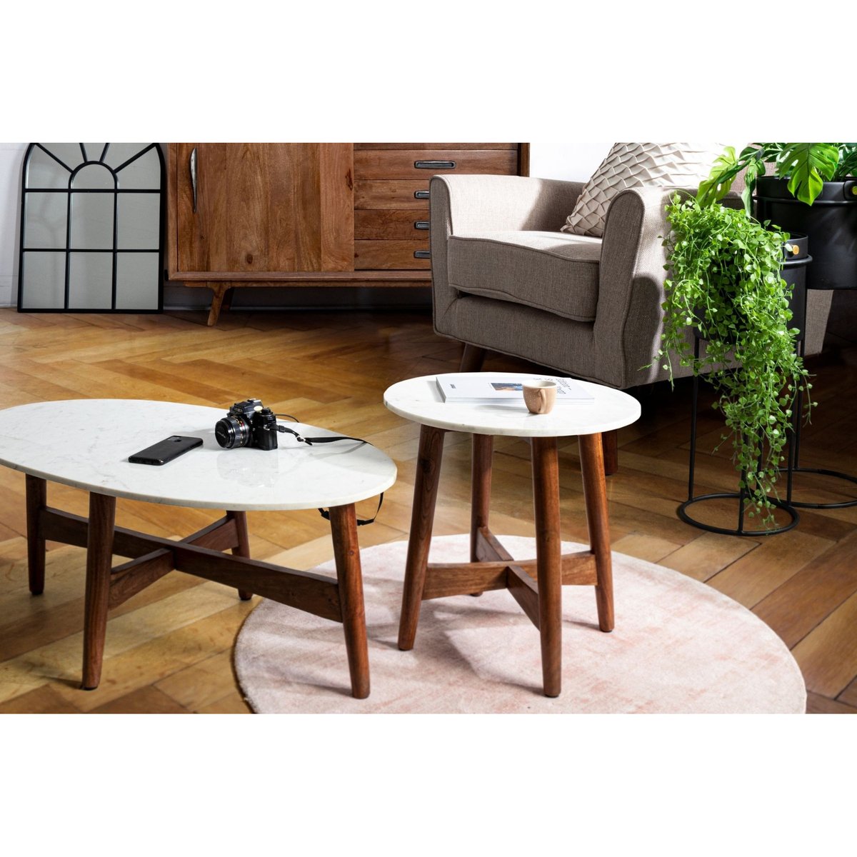 Table basse ovale vintage en manguier et marbre blanc L70 - BLANY blanc, HELLIN, DEPUIS 1862
