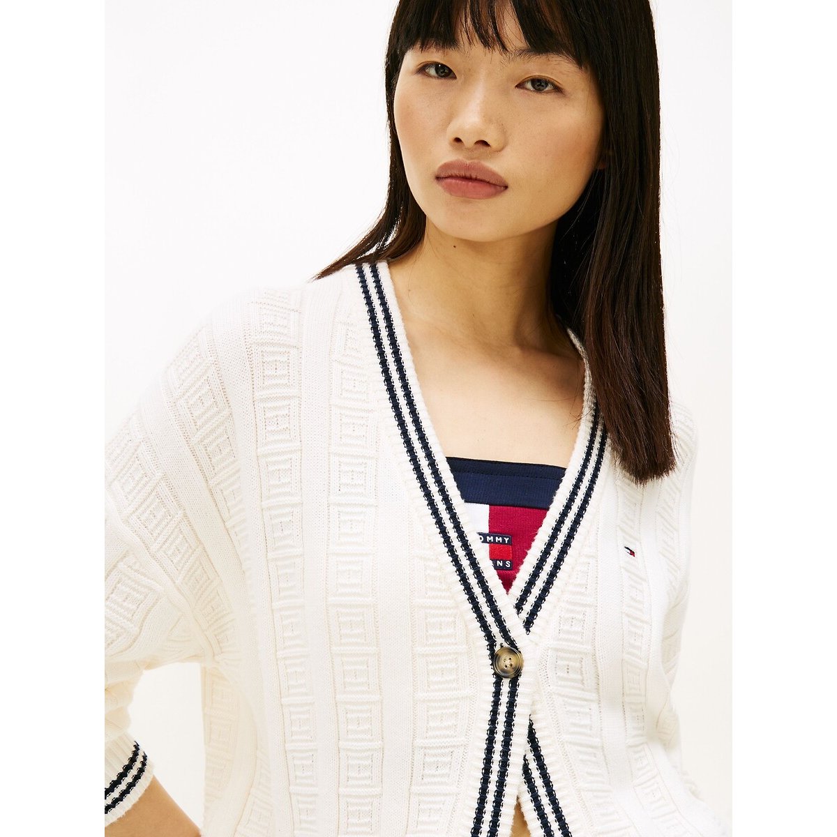 V-Neck Cardigan ecru , TOMMY JEANS