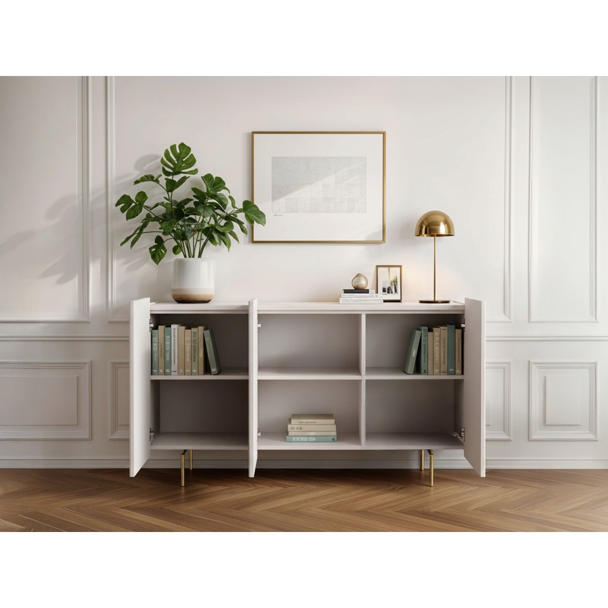 Buffet bas en panneaux de particules et MDF 4 portes 150 cm, MATHILDE beige, BOBOCHIC
