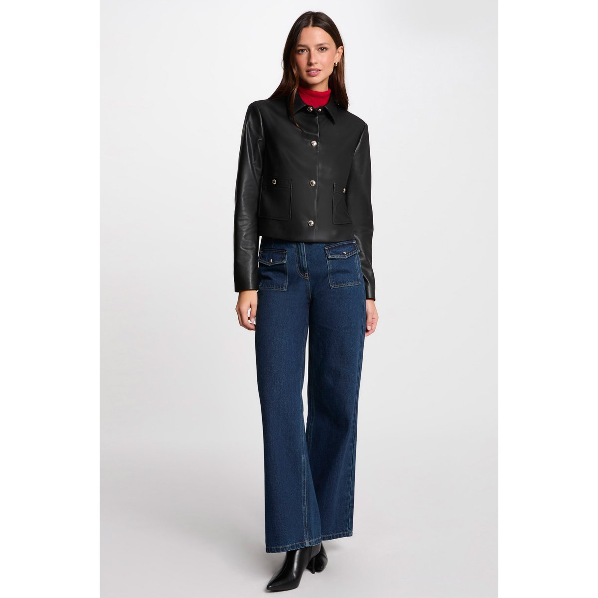 Blouson court simili cuir noir, MORGAN