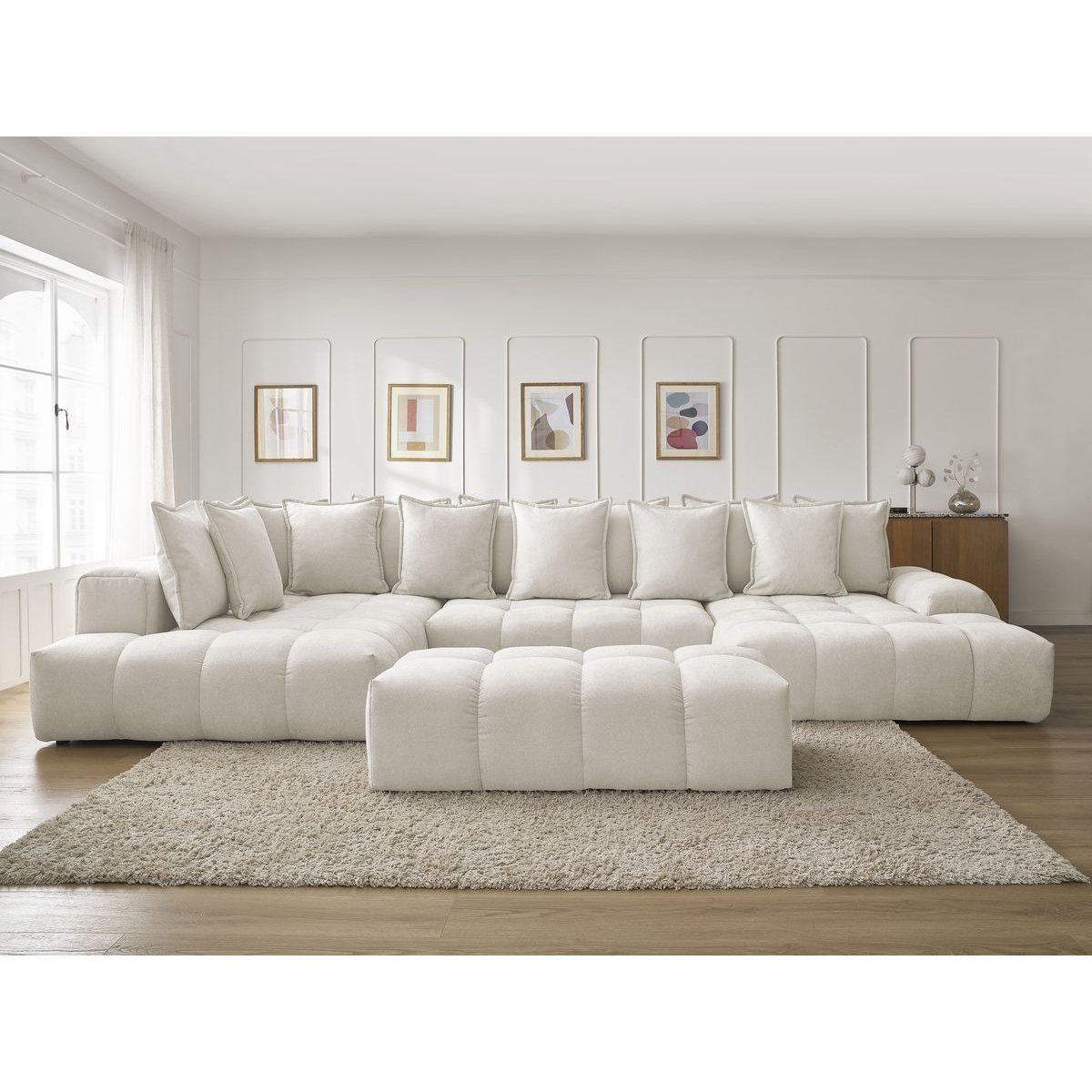 Canapé panoramique convertible 7 places en tissu texturé avec pouf, EVEREST blanc, BOBOCHIC