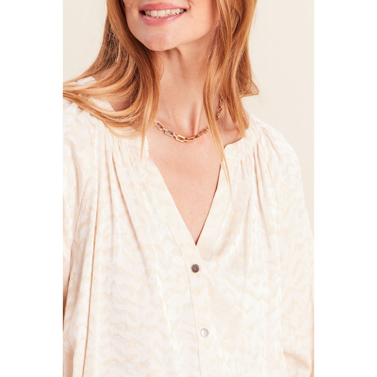 Chemise ample jacquard col v manches 3/4 blanc, BREAL
