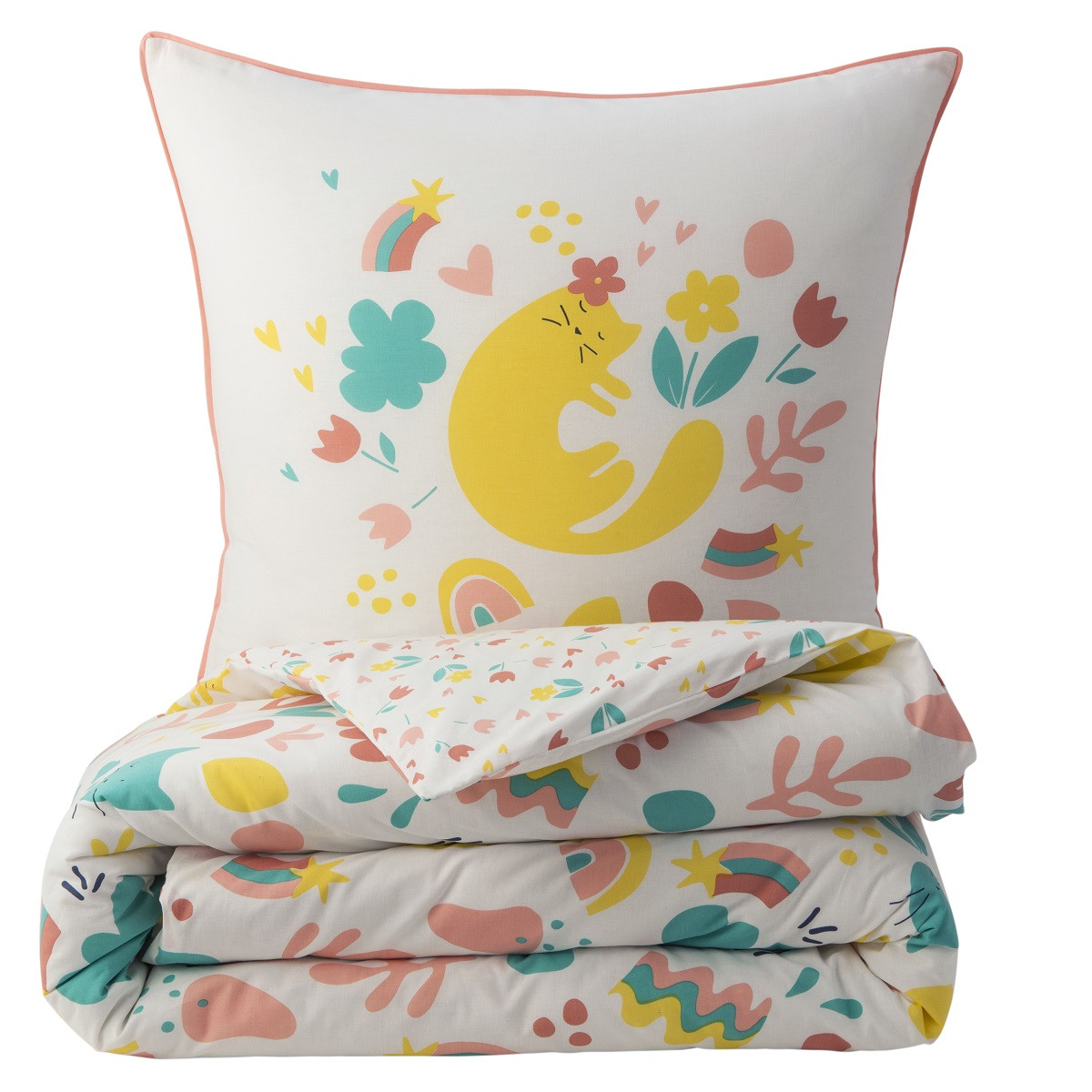 Parure de lit enfant chat réversible fleurie MINOU blanc, FUTURE HOME