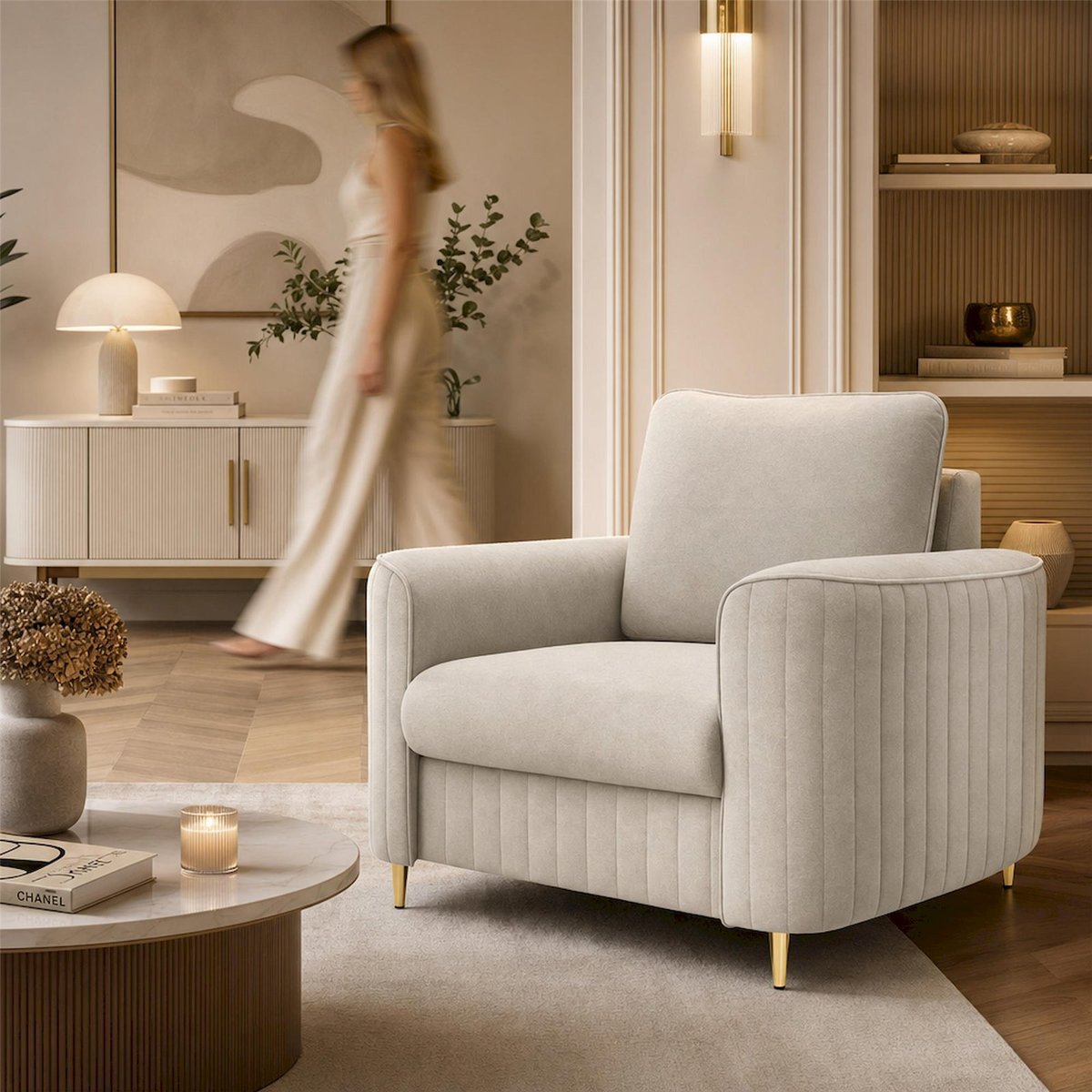 Fauteuil cabriolet en velours PANTANO beige clair, RECOLLECTION