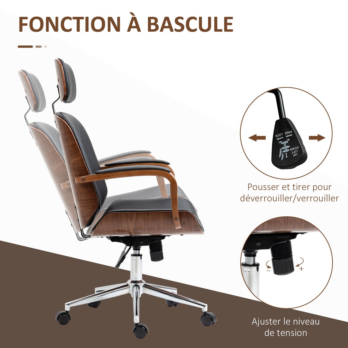 Chaise de bureau Polyuréthane Noir noir et noyer, HOMCOM