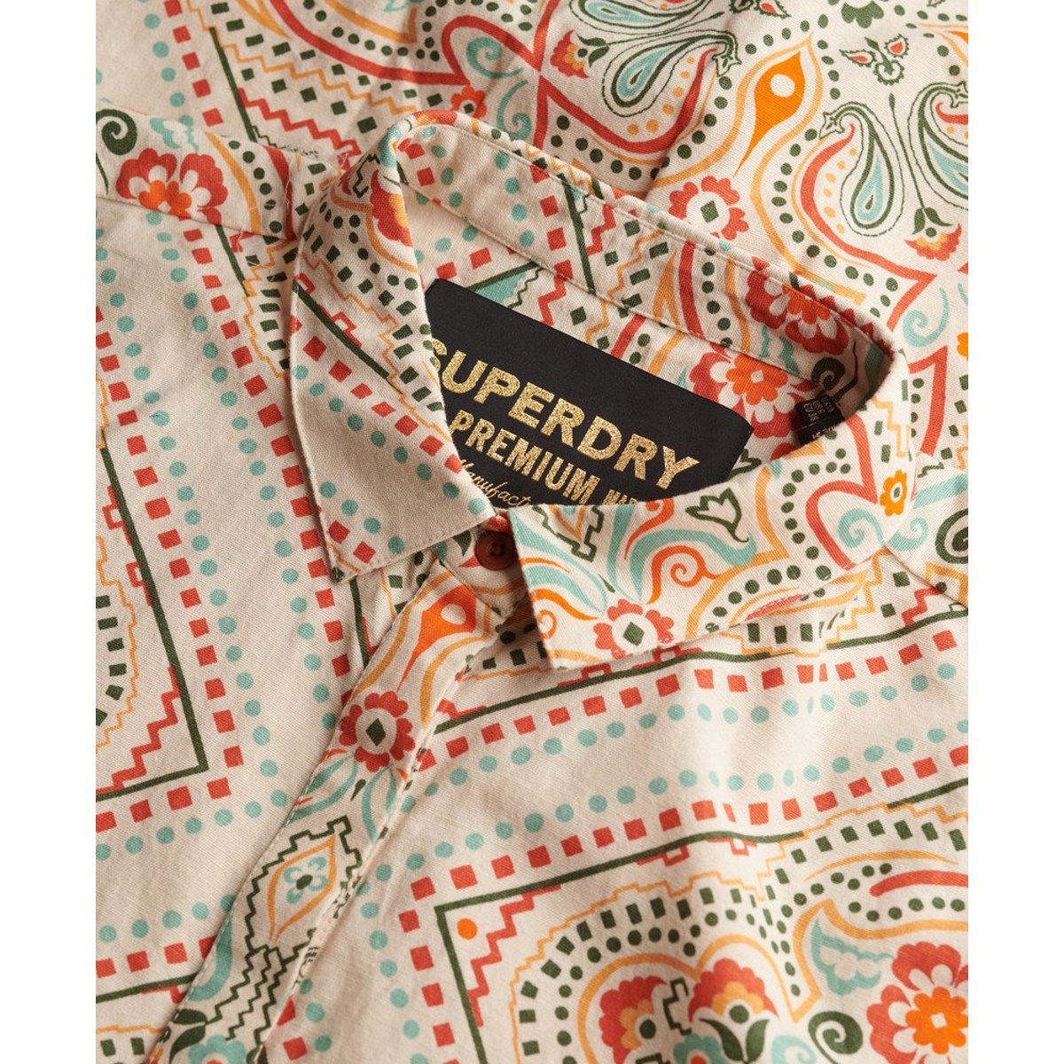 Robe-chemise longue en lin crème imprimé mosaïque matera, SUPERDRY