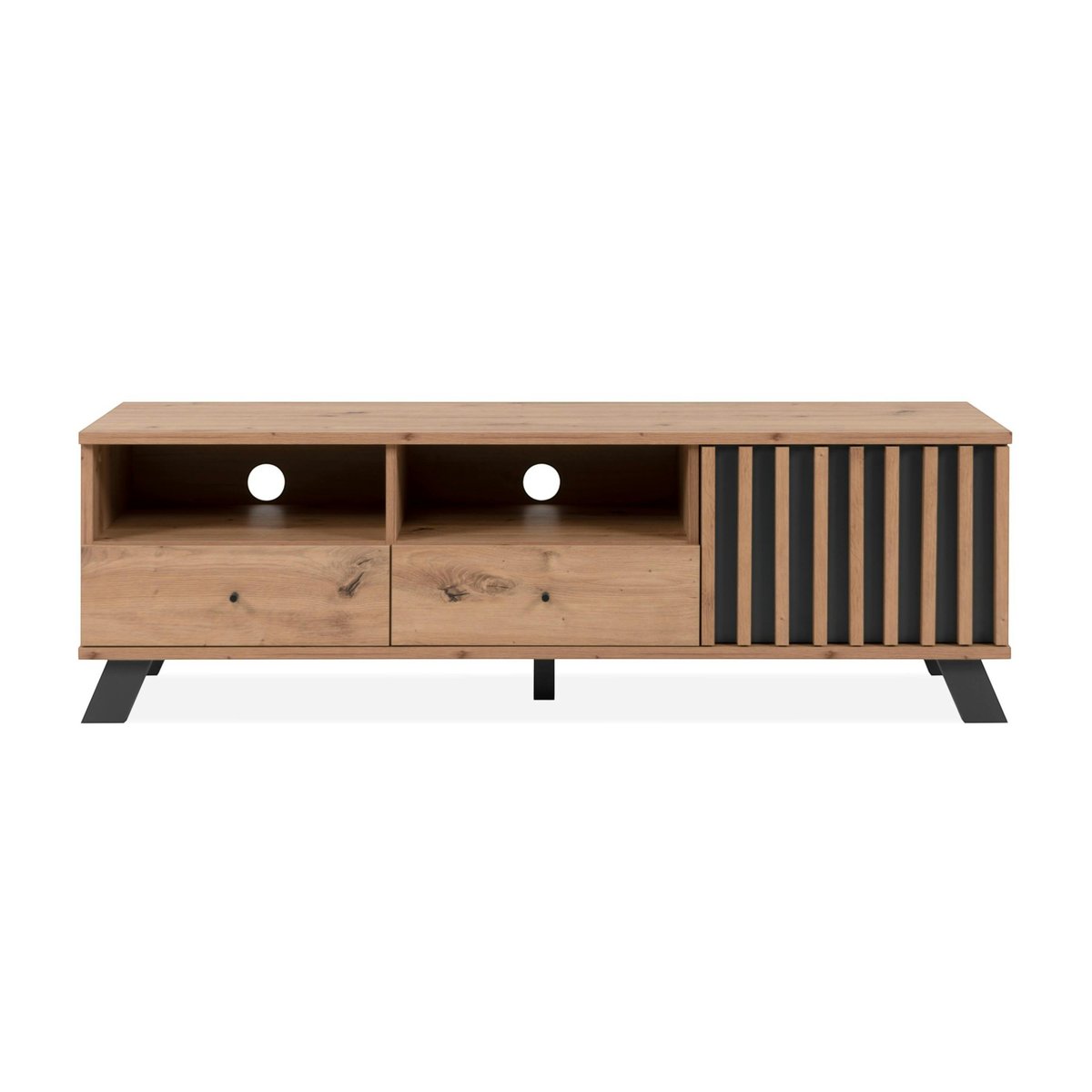 Meuble TV avec rangement 1 porte noire rainurée ALVA bois naturel, PIER IMPORT