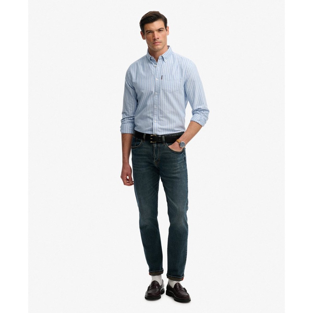 Chemise Oxford Essentielle à Manches Longues rayé bleu courtier, SUPERDRY