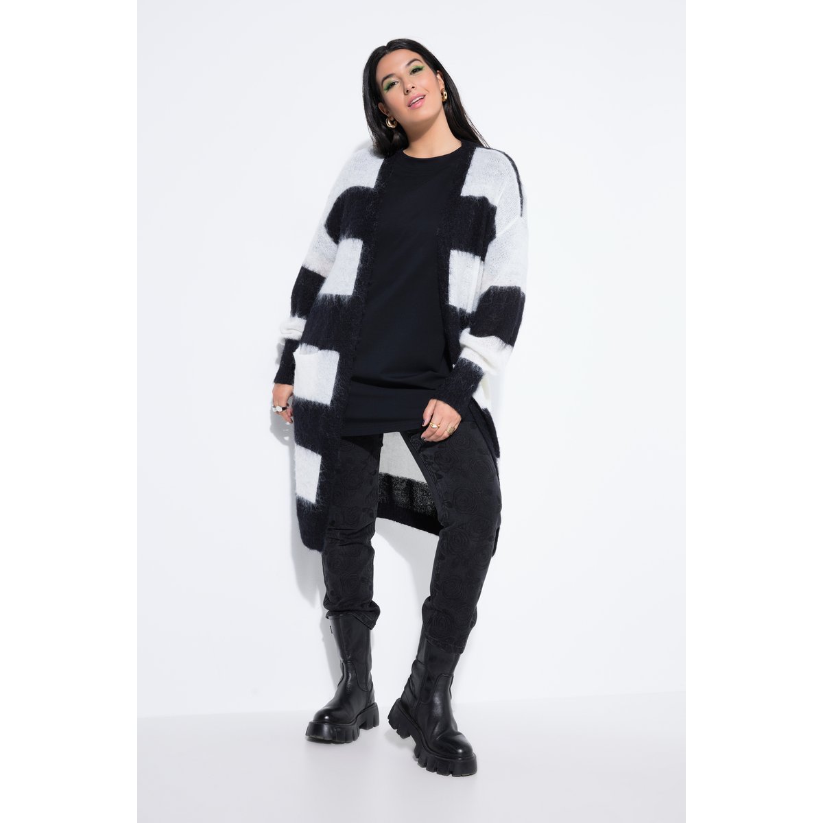Cardigan long à larges rayures, coupe ouverte noir, STUDIO UNTOLD