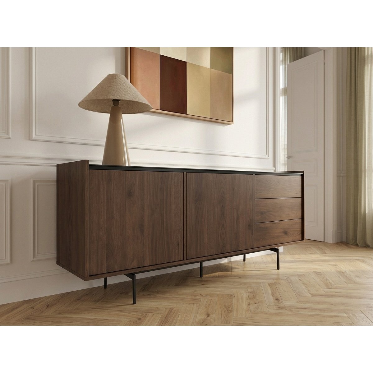 Buffet bas en  2 portes 170 cm, FREDA noir et noyer, BOBOCHIC