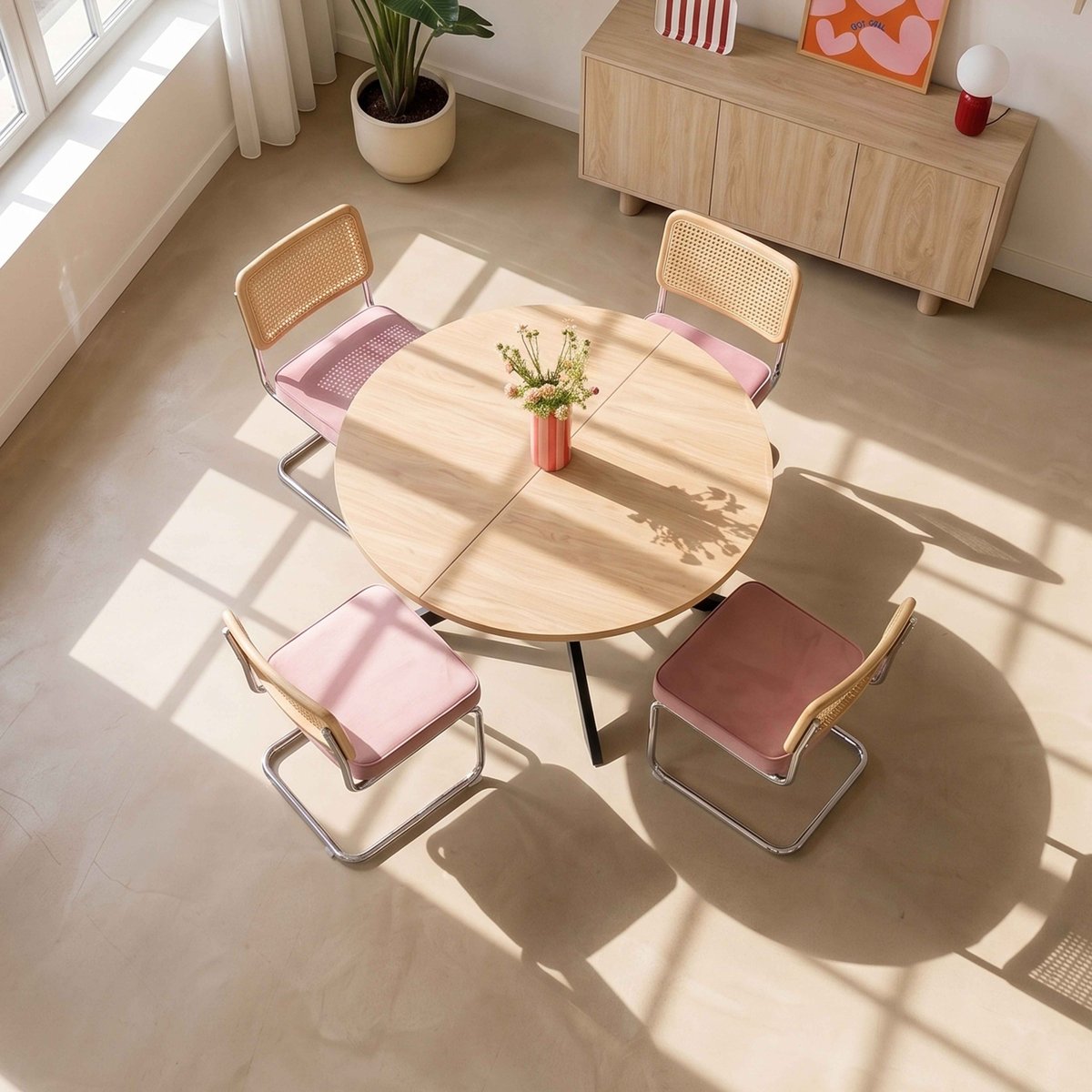 Table à manger extensible ronde en métal et effet bois 6 à 8 personnes, MARCIA beige, OVIALA
