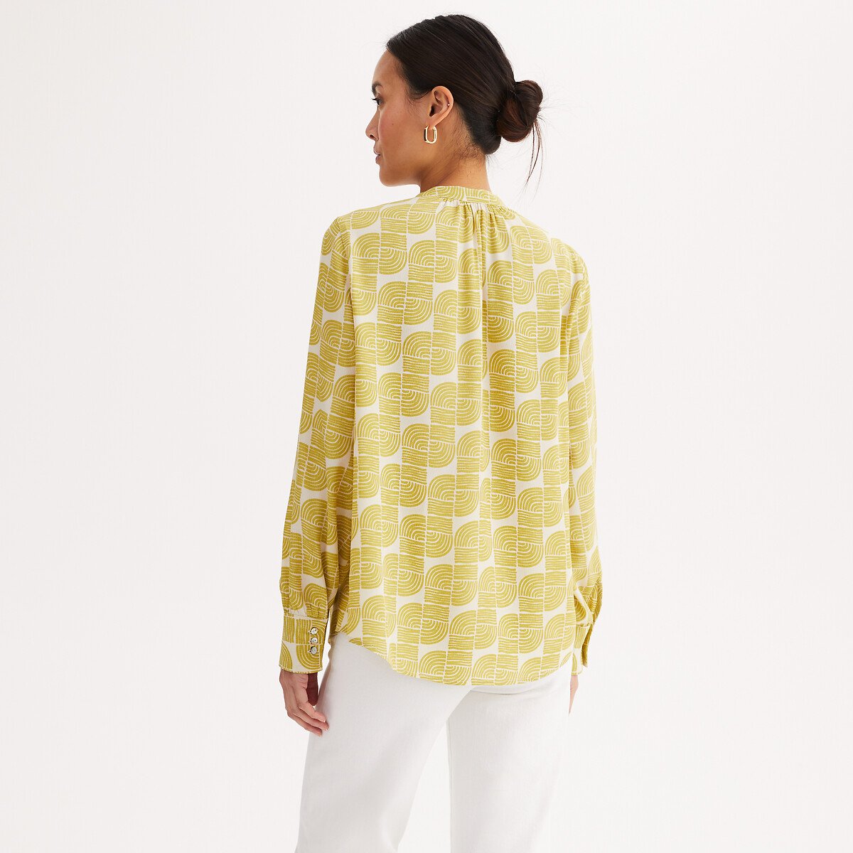 Graphic Print Blouse with Grandad Collar and Long Sleeves yellow print, ANNE WEYBURN