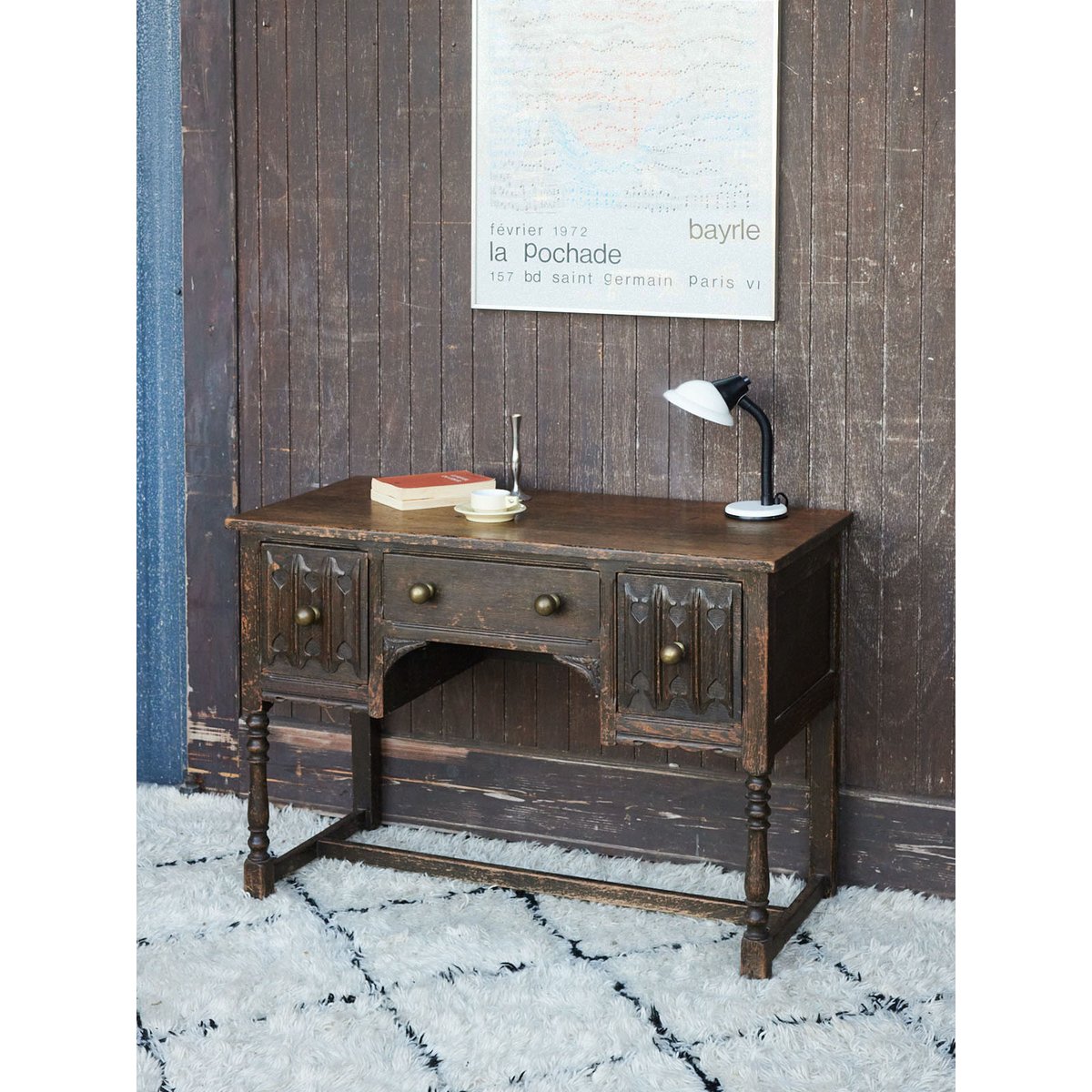 Bureau ancien en bois et boules laiton Edouard N°1119 - Bon état bois foncé, DEBONGOUT