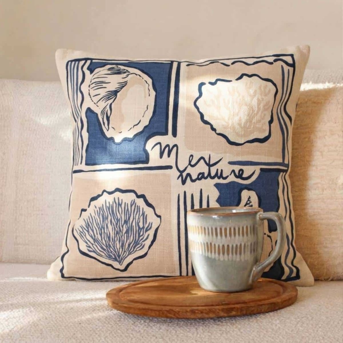 Coussin en coton flammé imprimé coquillages 40x40cm bleu, ORNAMI