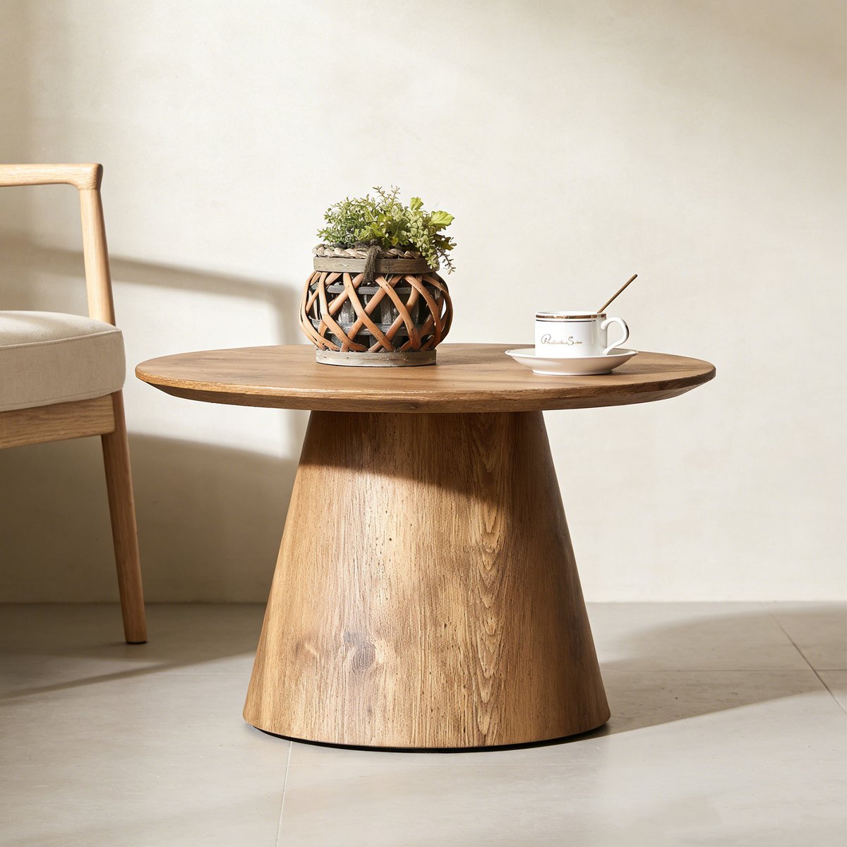 Table basse effet bois ronde scandinave, CONEA medium oak, MEUBLES COSY