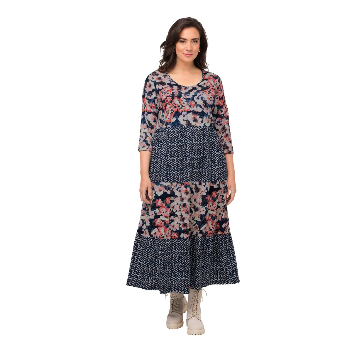 Robe trapèze longueur midi à col rond et bleu foncé, ULLA POPKEN