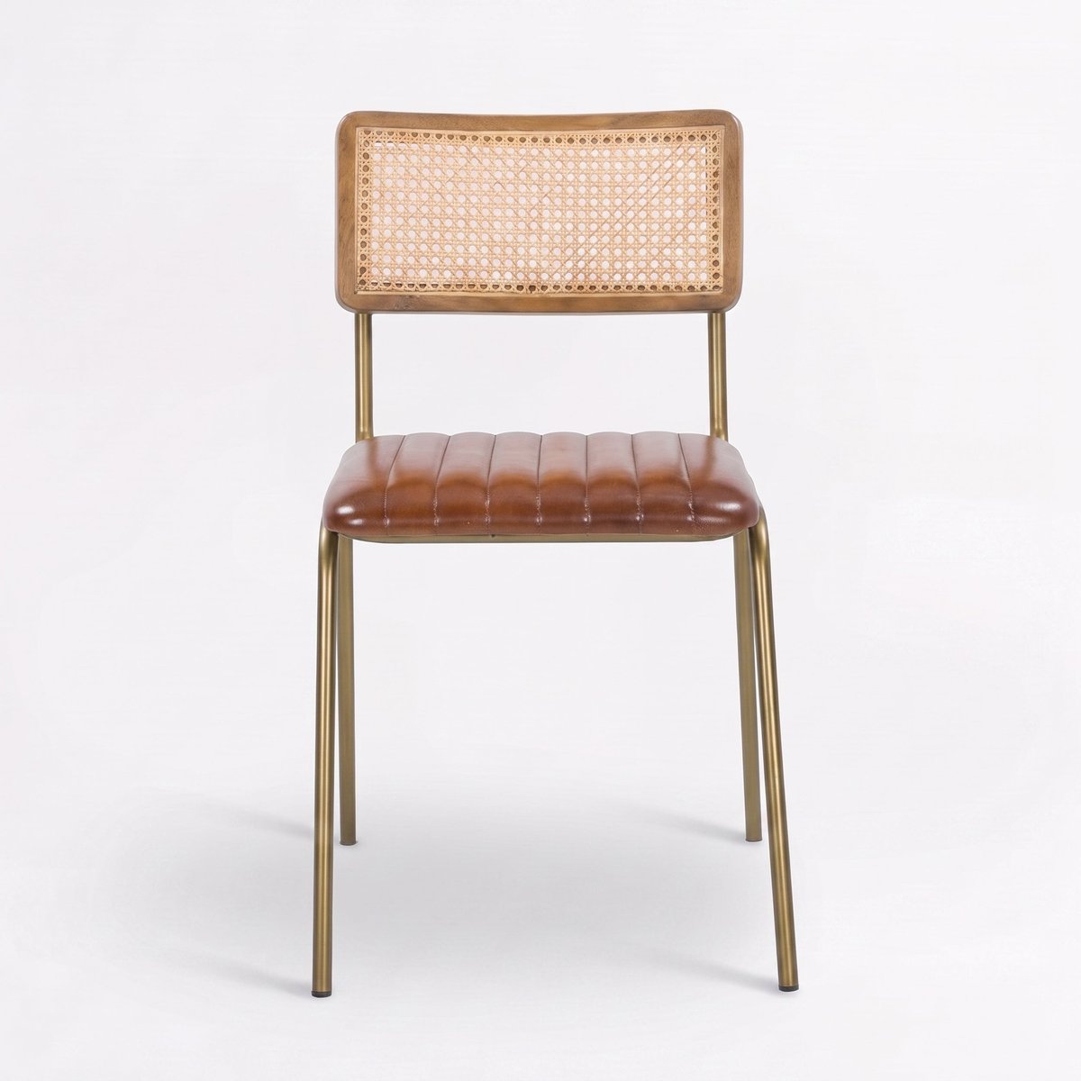 Lot de 2 chaises en cuir et cannage - ARSÈNE marron et métal doré, MAISON PAVANE