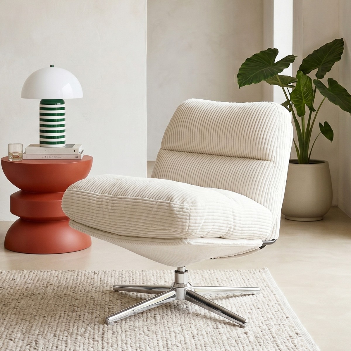 Fauteuil pivotant en velours cotelé et piètement chromé - JULIA beige, HOMIFAB