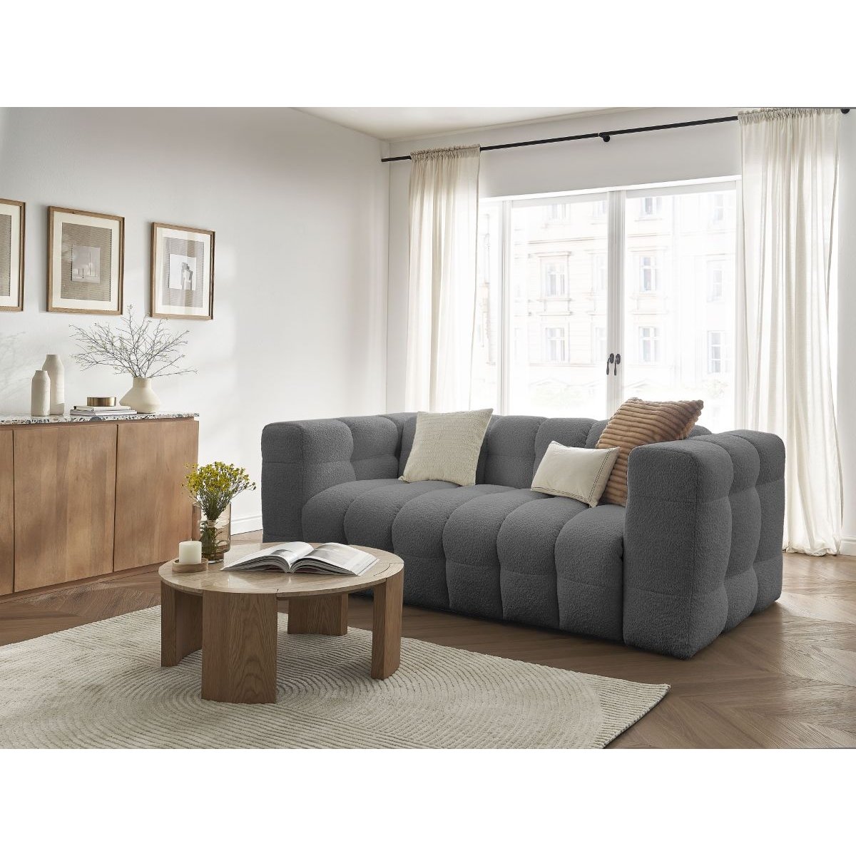 Canapé droit convertible 3 places en tissu bouclette, CLOUD gris foncé, BOBOCHIC