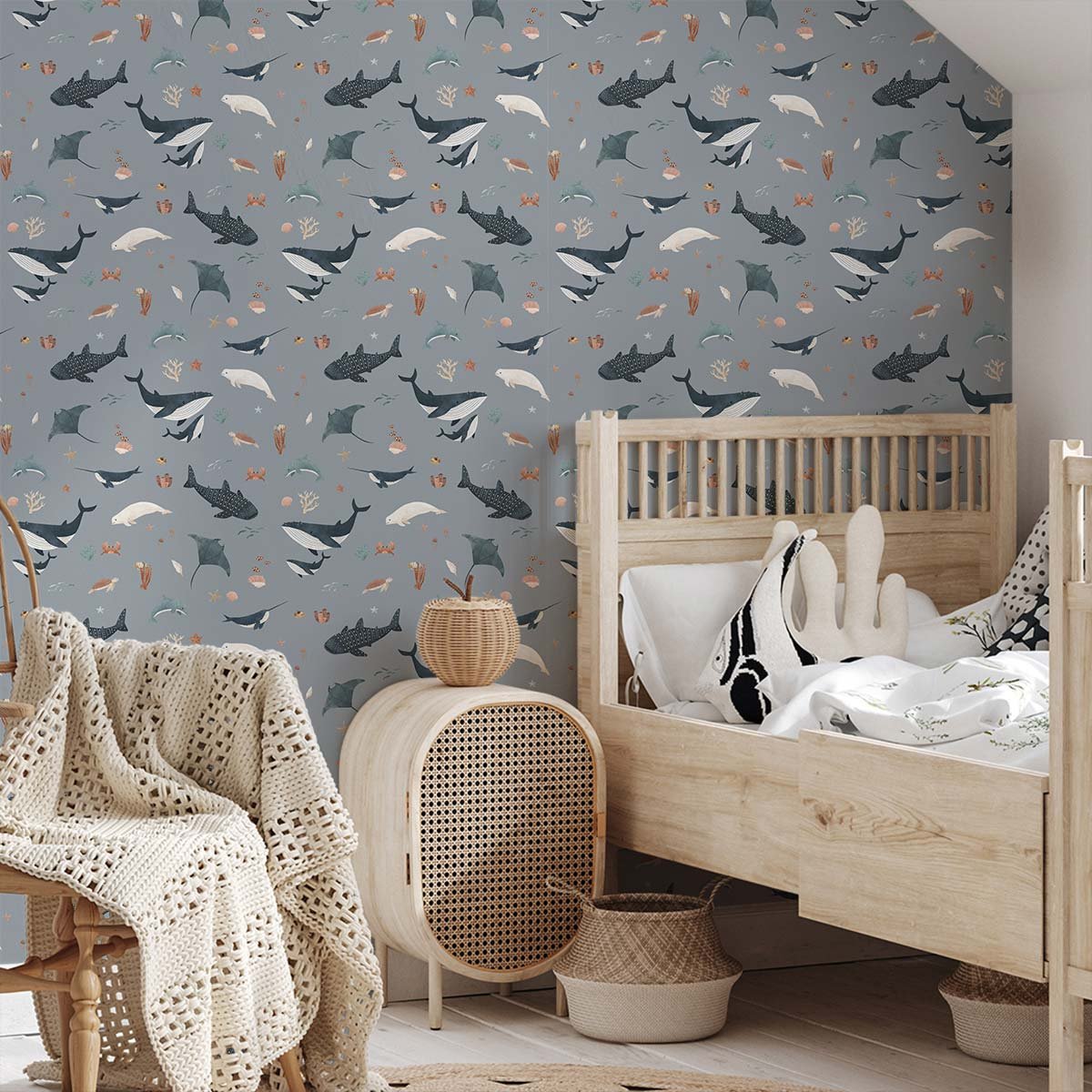 Papier peint enfant Le Bal des Baleines bleu, HEXOA