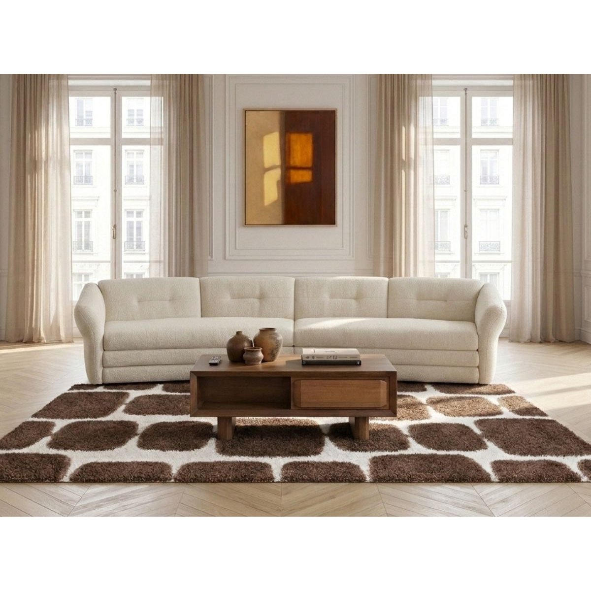 Canapé droit fixe 4 places en tissu chiné, MARBLE beige, BOBOCHIC