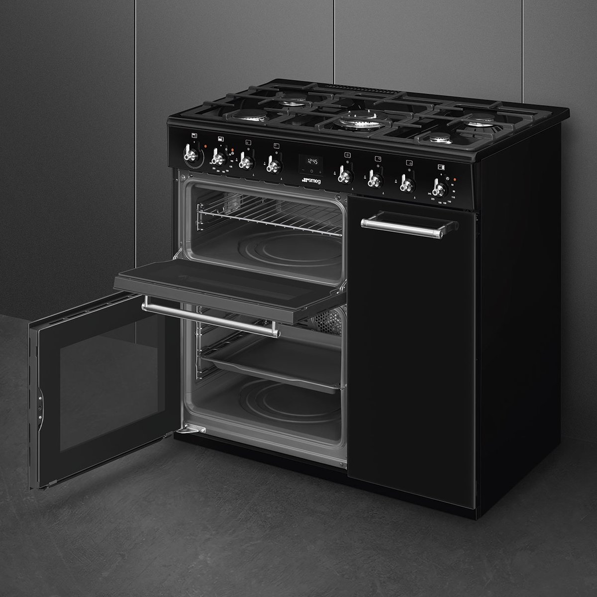 Piano de cuisson gaz 5 feux 90 cm noir brillant, SMEG