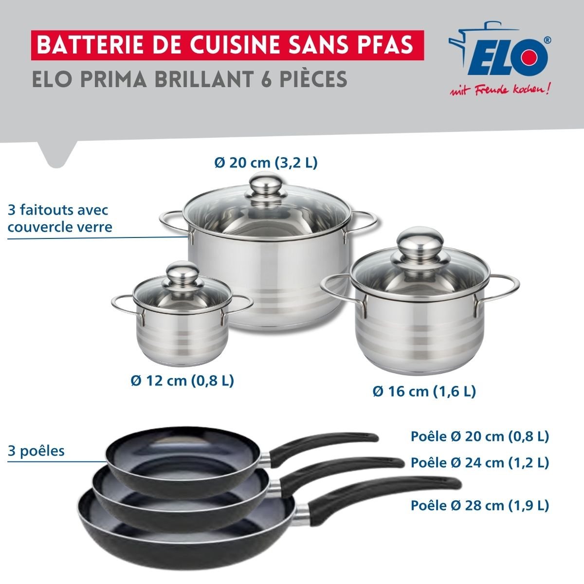 3 poêles 20/24/28cm + 3 faitouts 12/16/20cm PRIMA BRILLANT noir, ELO