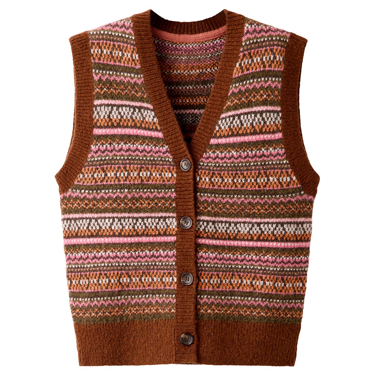 Pull Sans Manches en Maille Jacquard Fair Isle Boutonné Jours d'Automne marron, JOE BROWNS