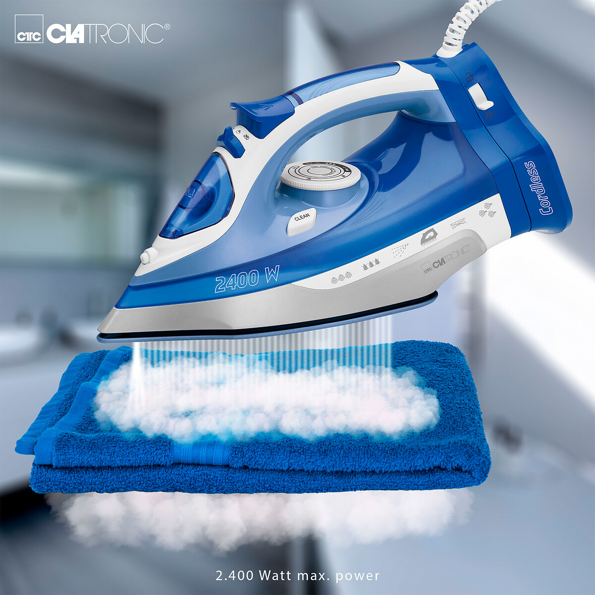Ferro a vapor sem fios 2400 W, da Clatronic branco/azul, CLATRONIC