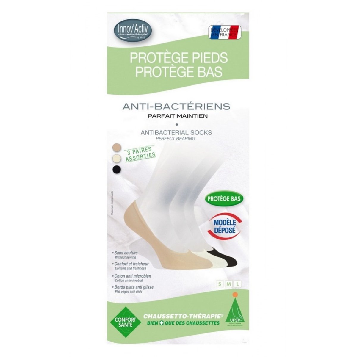 Lot de 3 paires de protège pieds / bas anti-bactériens assorties, KINDY