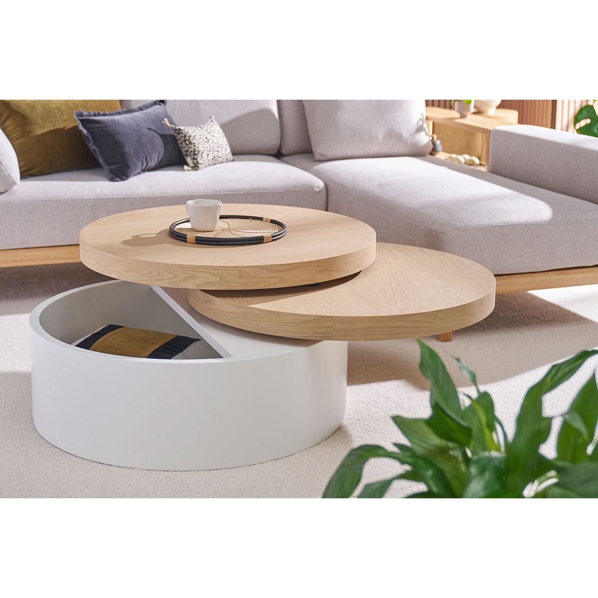 Table basse ronde avec plateaux pivotants et rangement blanc et bois clair chêne D80 cm ICON bois clair / blanc, MILIBOO
