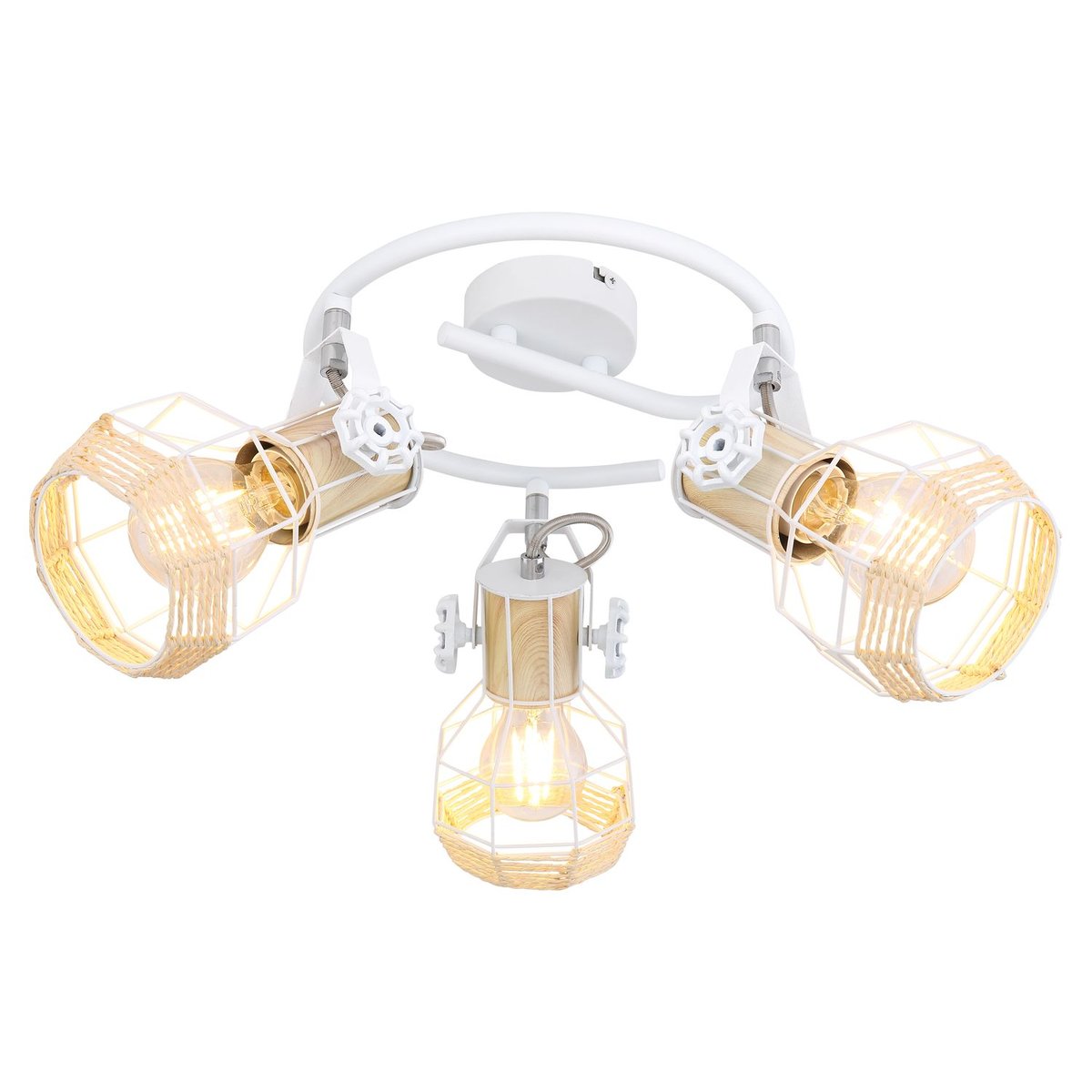 Plafonnier rond 3 spots en métal et bois avec corde BANA blanc, GLOBO LIGHTING