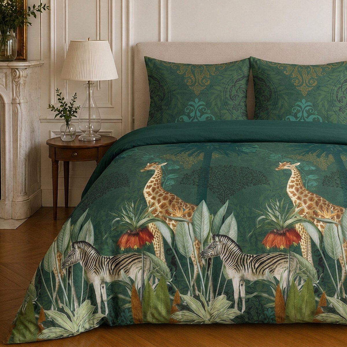 Parure de lit en coton motif tropical, ZAMBI vert, C DESIGN HOME TEXTILE