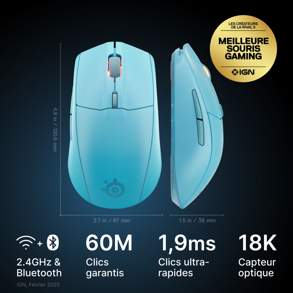 Souris Gamer Sans Fil Rival 3 WL Gen 2 Aqua couleur unique, STEELSERIES