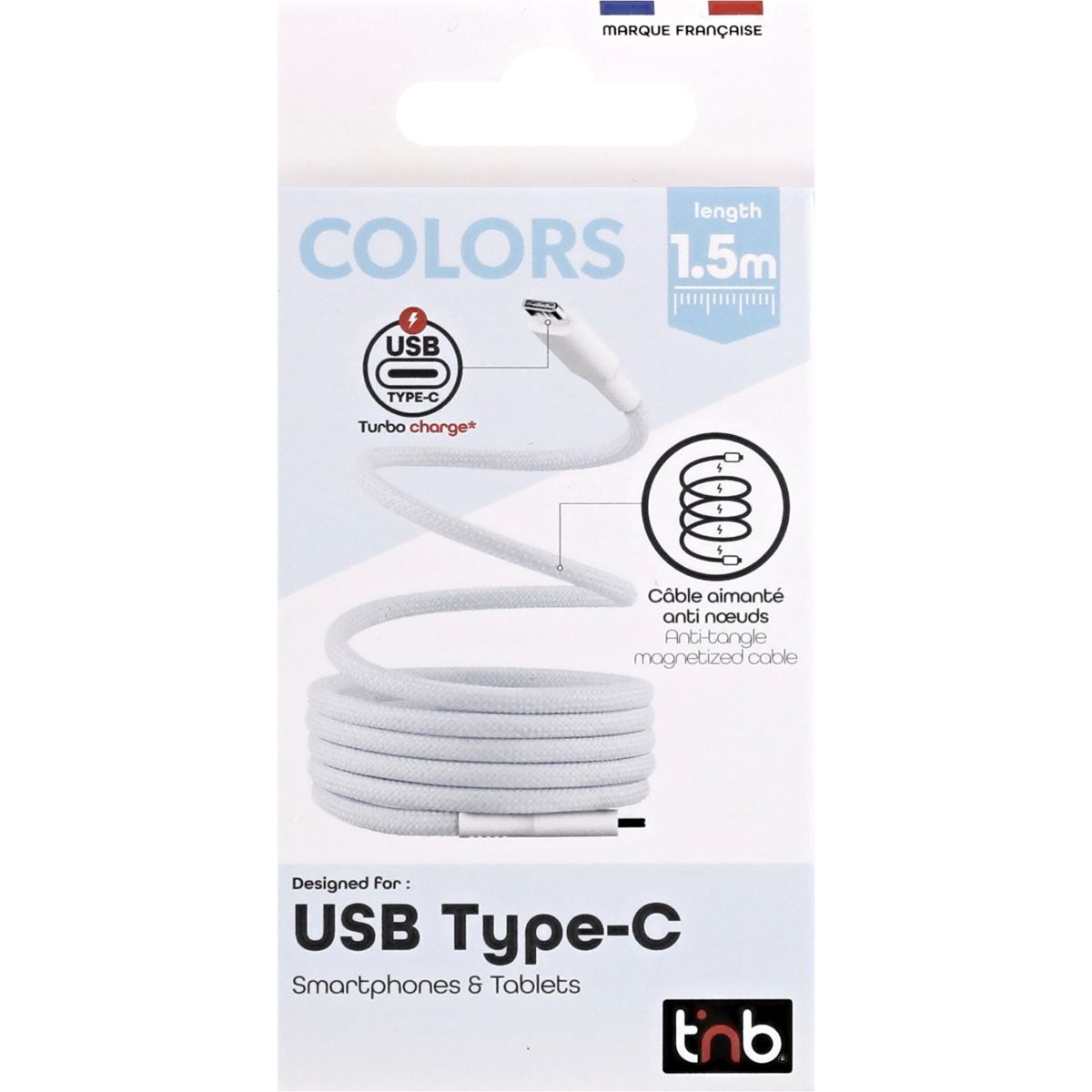 Câble de charge USB-C/USB-C 1.5m gaine aimantée bleu couleur unique, TNB