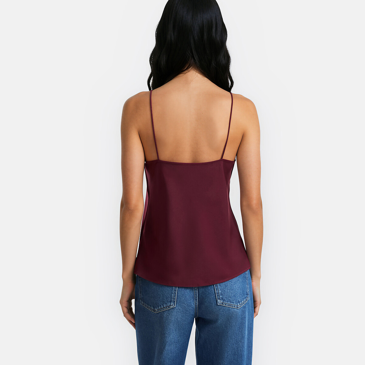 Satin V-Neck Vest Top with Shoestring Straps burgundy, LA REDOUTE COLLECTIONS