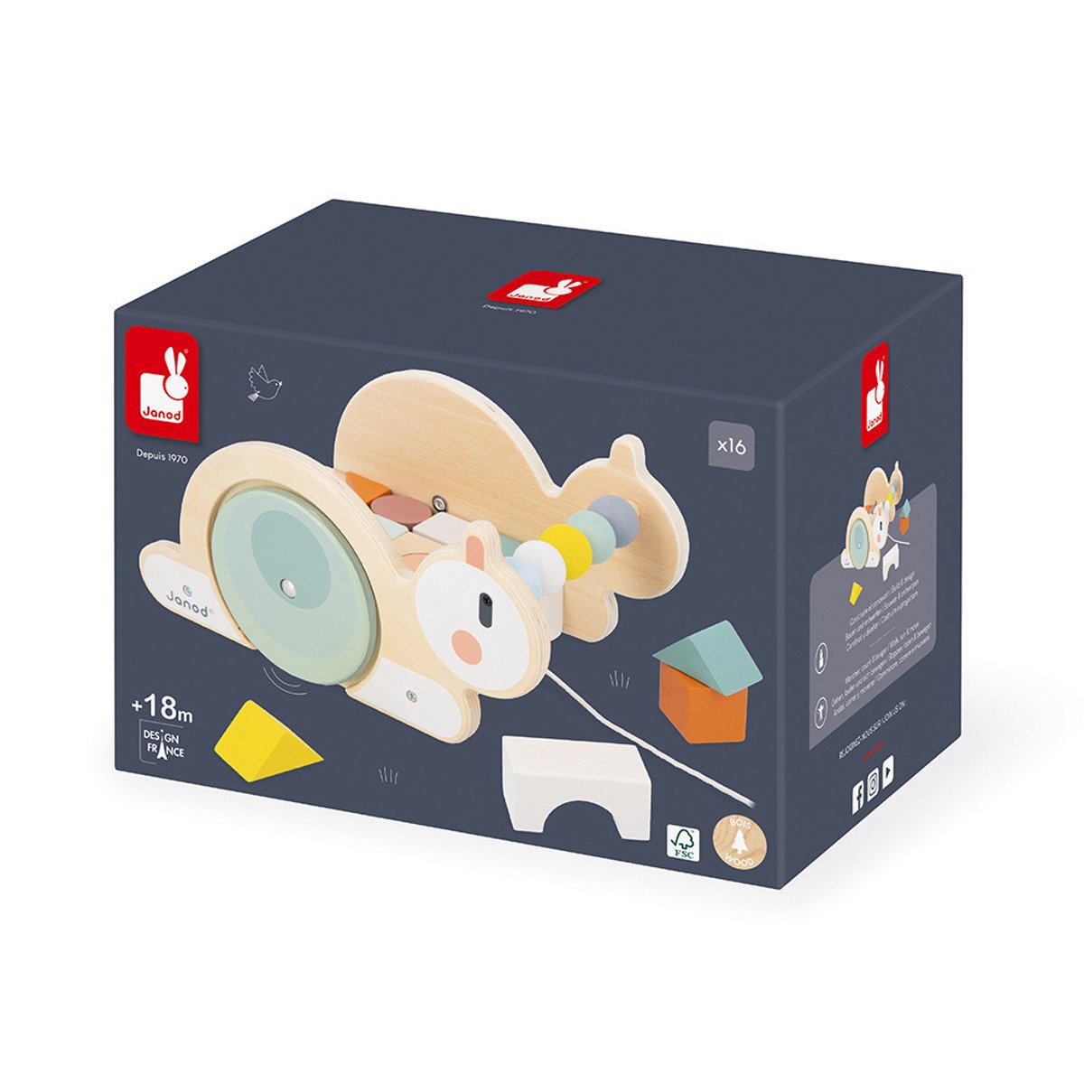 Chariot Cube Jouet D'éveil À Tirer Et 16 Cubes multicolore, JANOD