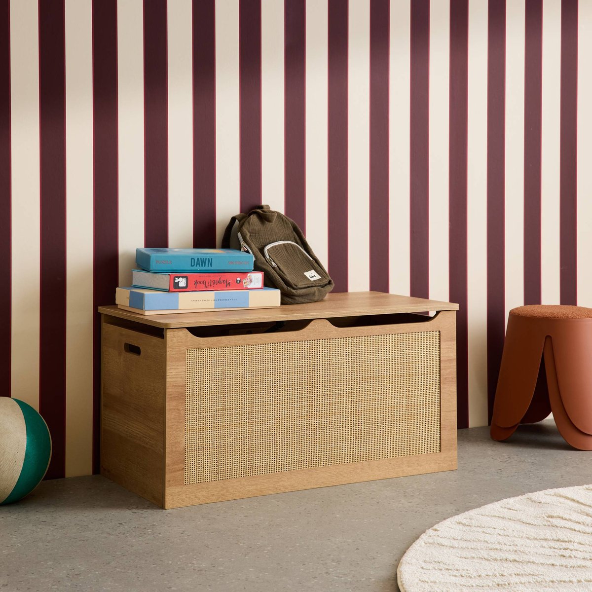 Coffre à jouets enfant décor bois et cannage BOHÈME naturel, SWEEEK