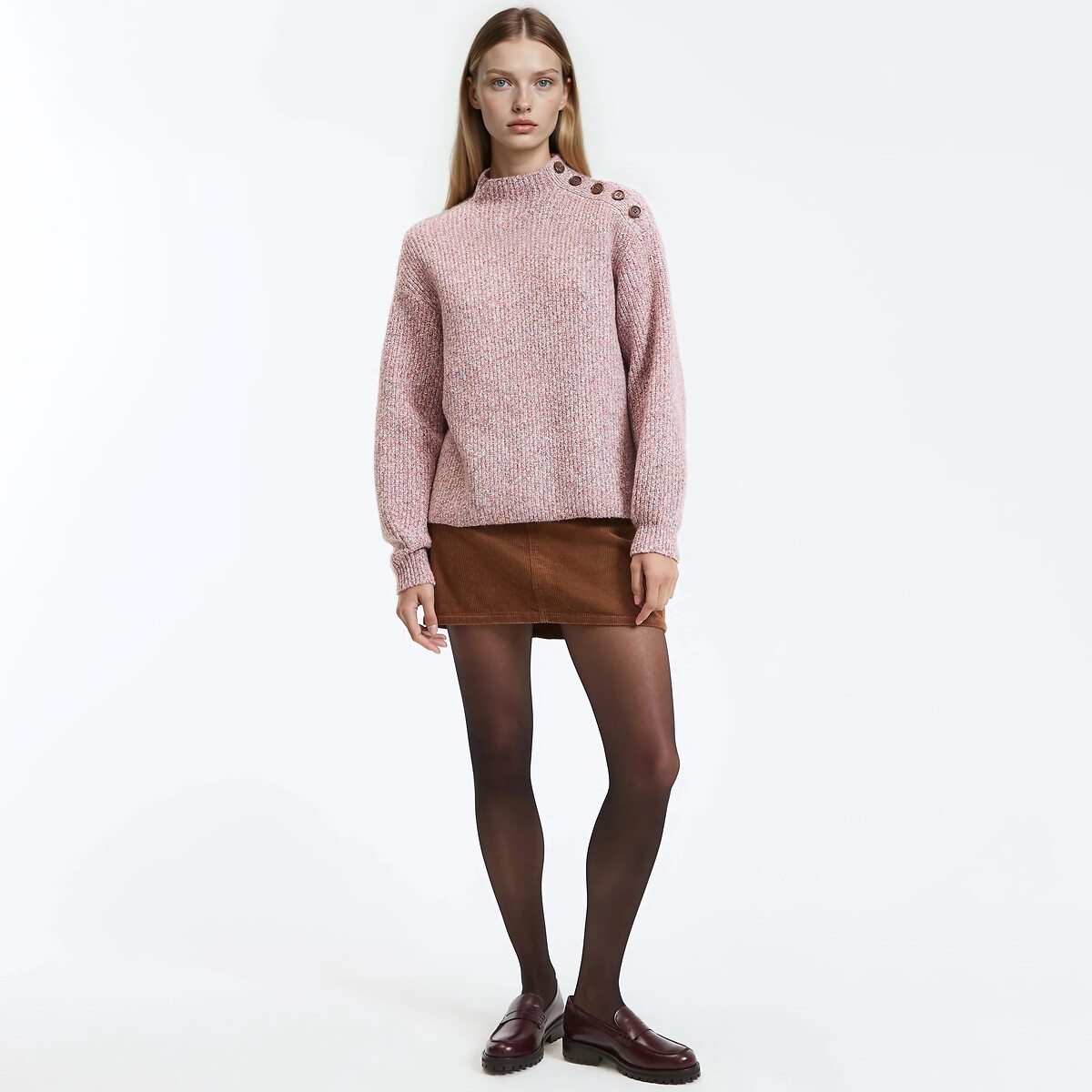 Buttoned High Neck Jumper pink marl, LA REDOUTE COLLECTIONS