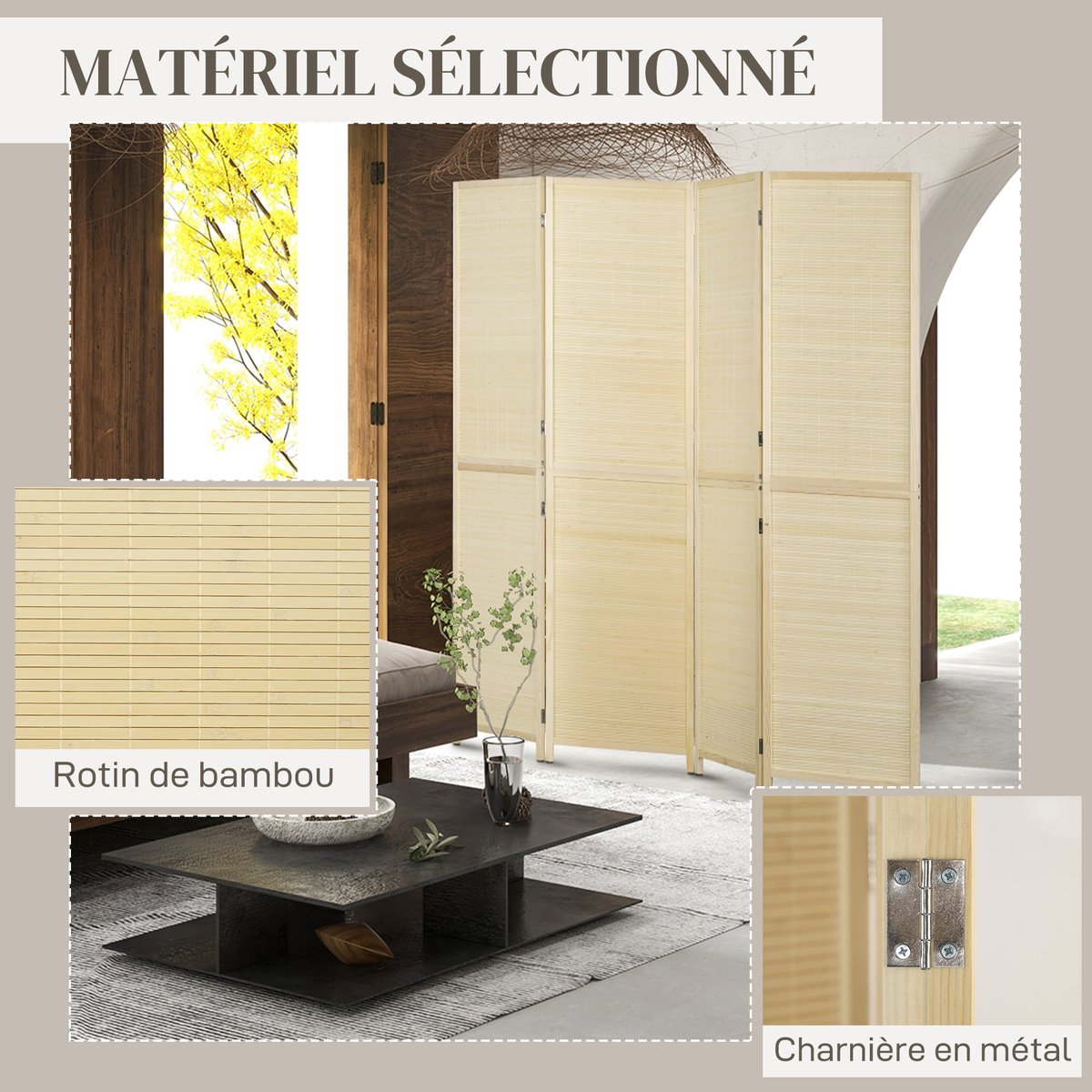 Cloison de séparation Bambou Bois naturel beige, HOMCOM