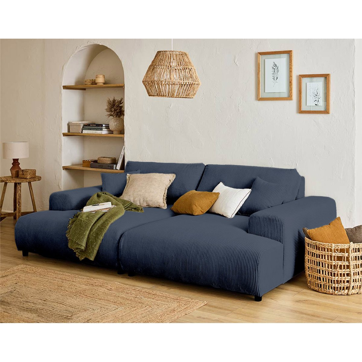 Canapé droit 4 places double méridienne, GARANCE bleu nuit, BEST MOBILIER