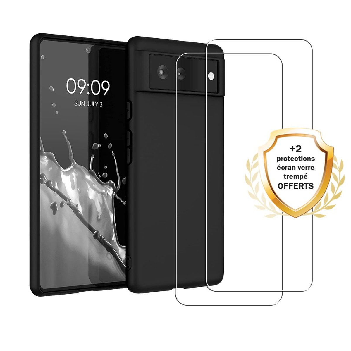 Coque Pixel 6 antichoc + 2 vitres noir, EVETANE