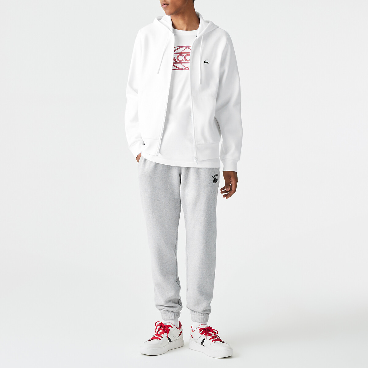 Felpa con cerniera e cappuccio in cotone bianco, LACOSTE