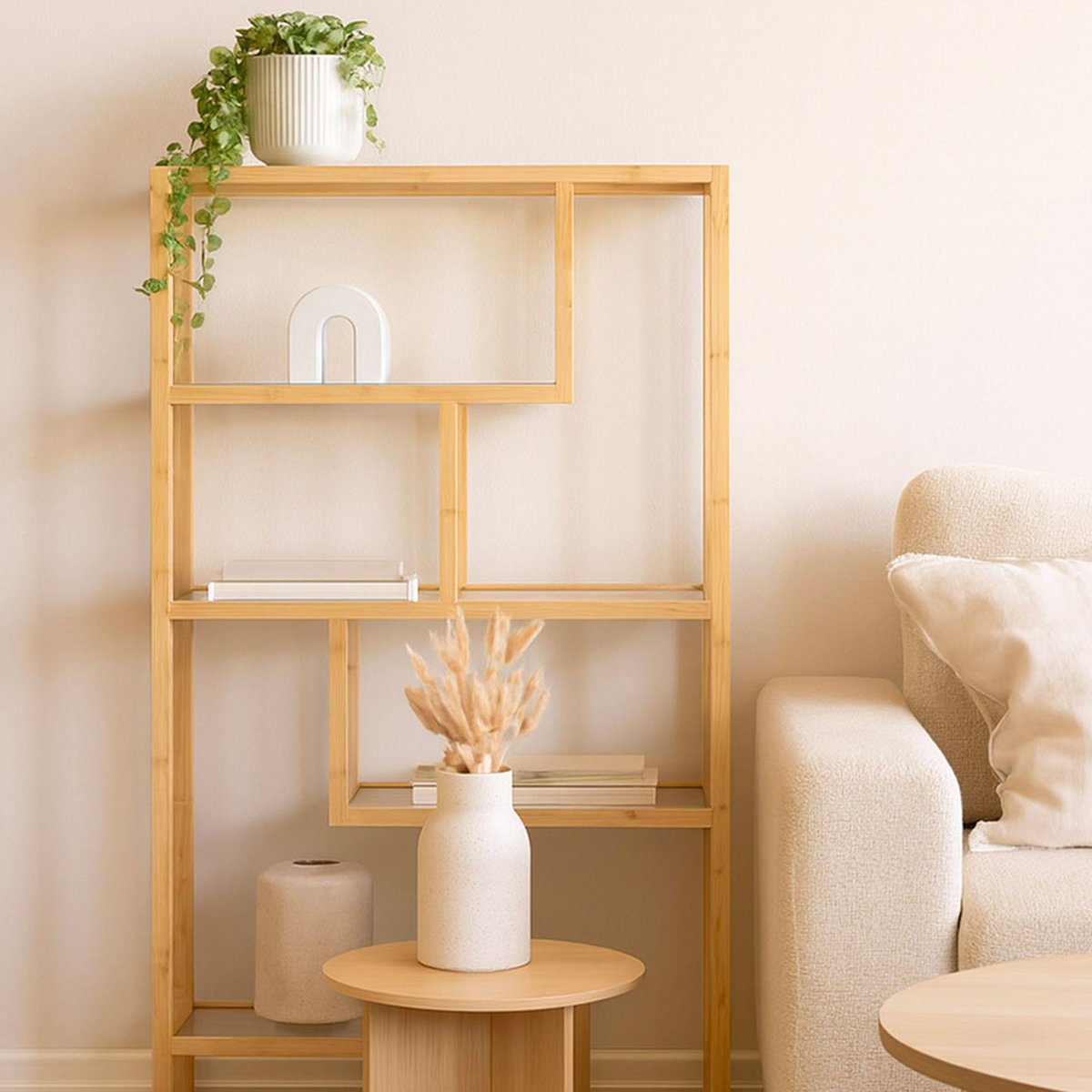 Étagère design bambou et verre 77x34x145.5cm bois, VERSA