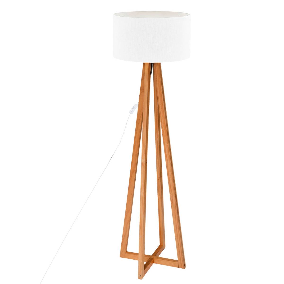 Lampadaire trépied en bois de pin abat-jour coton MOLU blanc, ATMOSPHERA