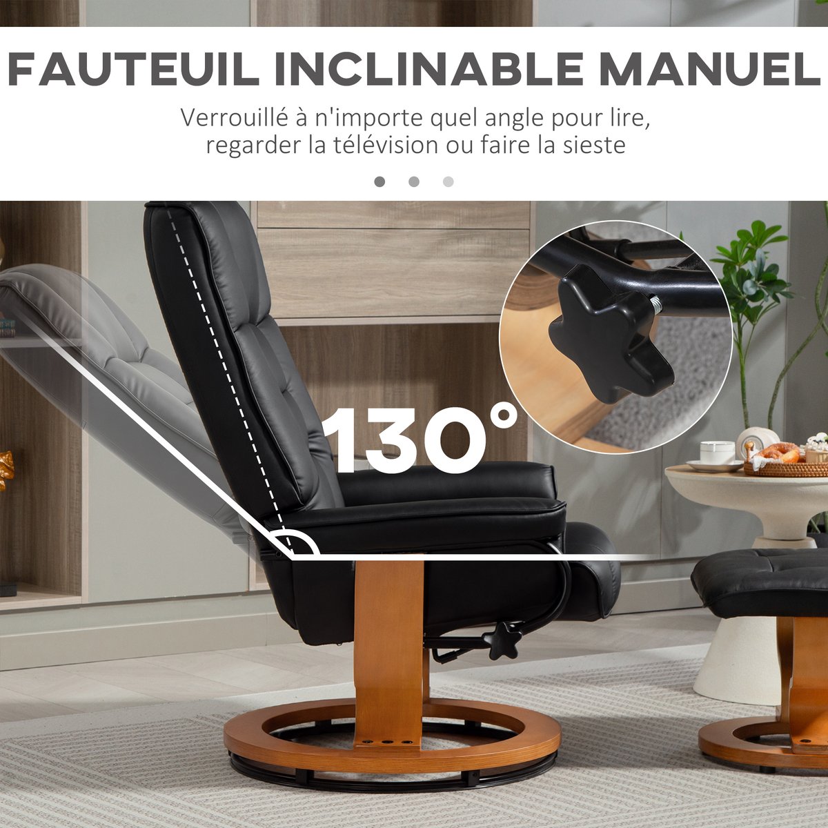 Fauteuil inclinable avec repose-pieds noir, effet bois naturel, HOMCOM